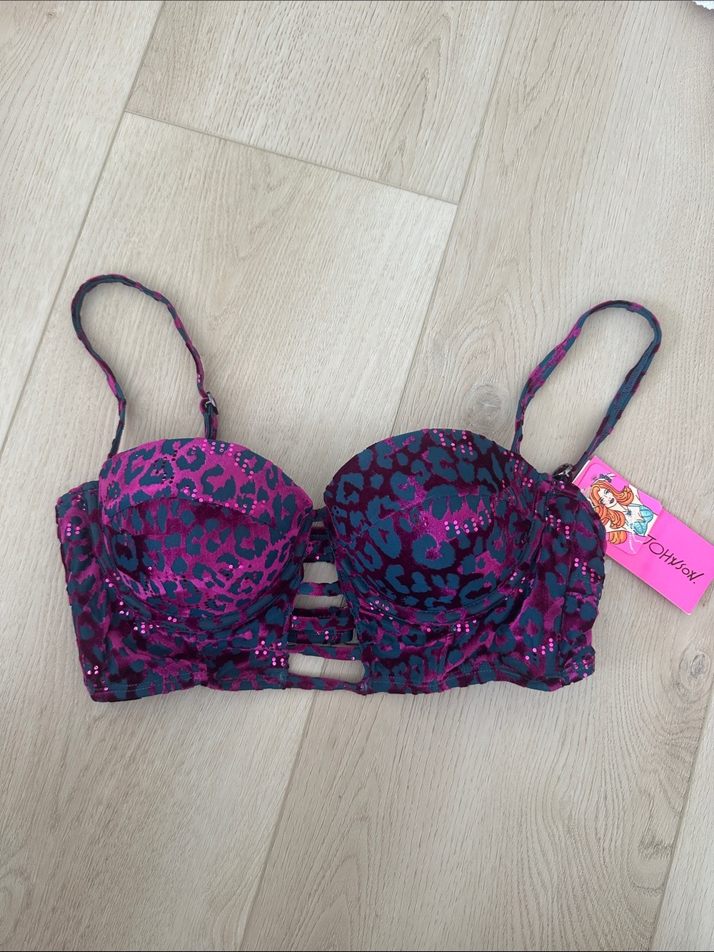 BNWT Betsey Johnson Pink & Teal Leopard Print Bustier Swim Bra Top